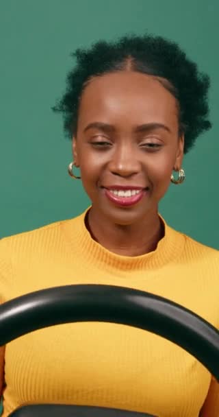 Young Woman Driver Brakes Shock Avoid Accident Green Studio Background — Stock Video