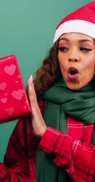 Excited Young Woman Shakes Christmas Gift Guessing What Studio High — Stock Video