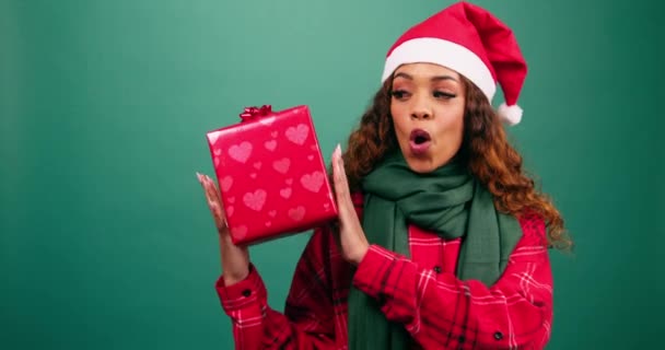 Excited Young Woman Shakes Christmas Gift Guessing What Studio High — Stock Video