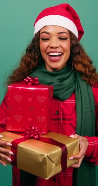 Excited Young Woman Shakes Christmas Gifts Guessing What Studio High — Stock Video