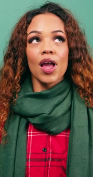 Beautiful Multi Ethnic Woman Puts Finger Lips Keeping Secret Christmas — Stock Video