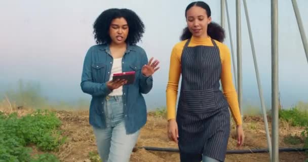 Dwie Kobiety Farmerki Spacerujące Rozmawiające Omawiają Analizę Danych Tabletem Cyfrowym — Wideo stockowe