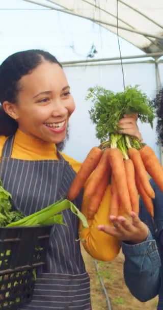 Two Woman Farmers Filming Selfie Social Media Selling Vegetables Online — Stock Video