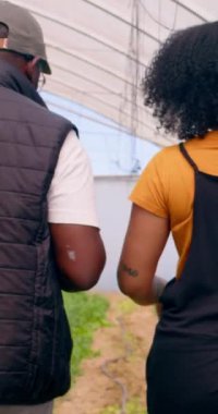 Sera tünelinde kameradan uzaklaşan iki çiftçinin arka görüntüsü. Yüksek kalite 4k görüntü