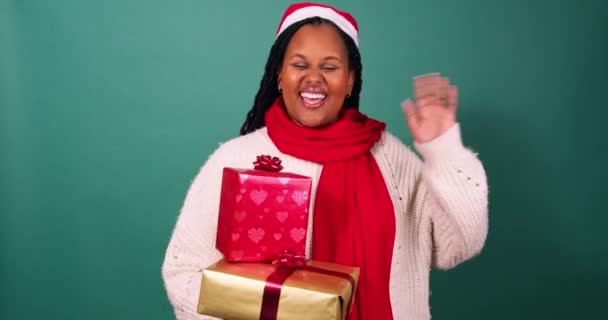 Beautiful Young Woman Greets Waves Hello Hands Wrapped Christmas Gifts — Stock Video