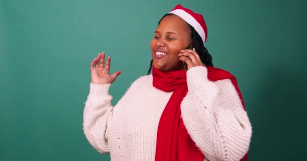 Happy Young Woman Makes Phone Call Talking Laughing Christmas Studio — Stock Video