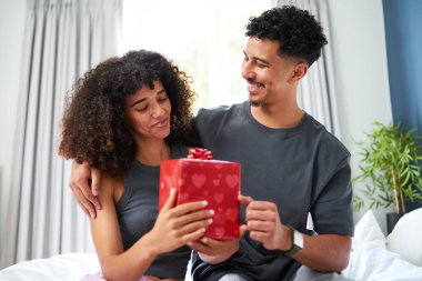 Genç bir çift samimi bir anı paylaşıyor, biri diğerine güzel bir hediye sunuyor, sıcak bir yuva ortamında sevgi ve bağlantıyı simgeliyor..