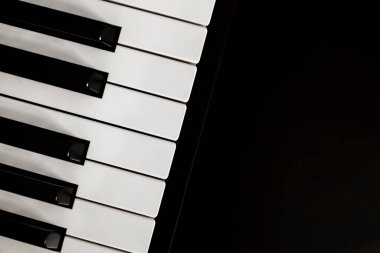 Bir müzik klavyesinin siyah beyaz tuşlarını metin için kopyalama alanı ile kapat. Elektronik piyano klavyesi kapanıyor. Sentezleyicinin siyah beyaz anahtarları. Yüksek kalite fotoğraf