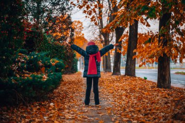 Milan, İtalya 12.10.2023 Mavi günlük ceketli ve sonbaharda eşarplı pembe şapkalı kız. Güzel bir kız, altın sonbaharda doğanın arka planına karşı parkta yürür. Sonbahar yürüyüşü. Yüksek kalite