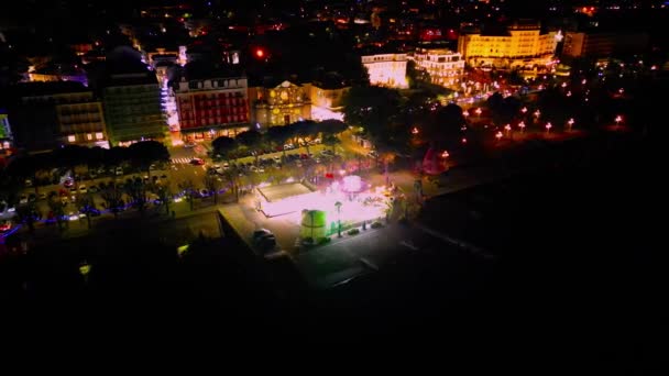 Filmagem Noturna Drone Cidade Stresa Lago Maggiore Itália — Vídeo de Stock