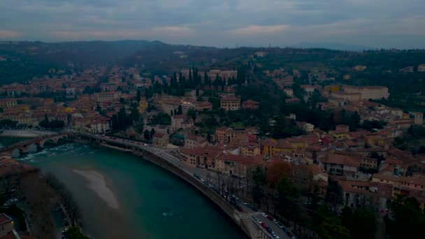 Vista Serale Drone Della Romantica Città Italia Verona Castel San — Video Stock