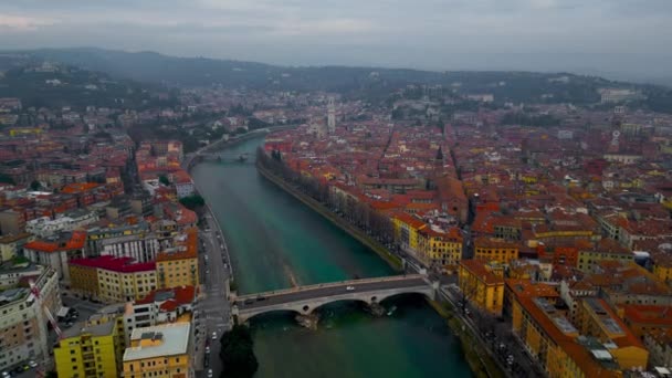 Luchtfoto Van Verona Stad Romantische Stad Italië Stedelijke Skyline Historische — Stockvideo