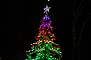 Atlıkarınca cazibesi Noel ağacı şeklinde. Noel Köyü bir Milano. Villaggio delle Meraviglie. İtalya, Milan 03.01.2024. Yüksek kalite fotoğraf