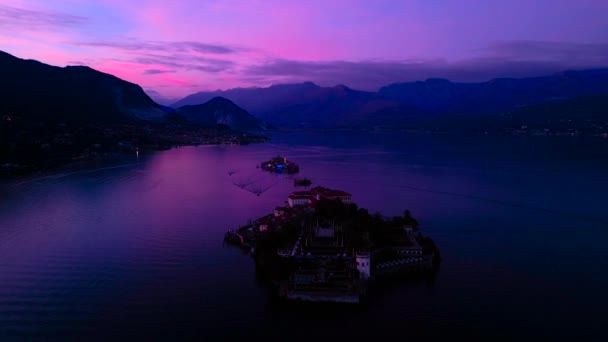 Beautiful Pink Sunset Lake Maggiore Aerial View Island Isola Bella — Stock Video