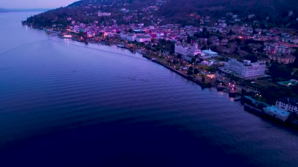 Hermosa Puesta Sol Rosa Lago Maggiore Italia Stresa Volar Dron — Vídeo de stock