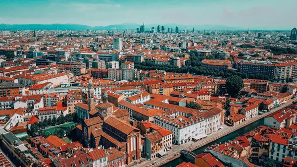 Milan city skyline aerial view. The theatrical performance shot from the Milan cityscape. Aerial footage. Milan drone footage. High quality photo