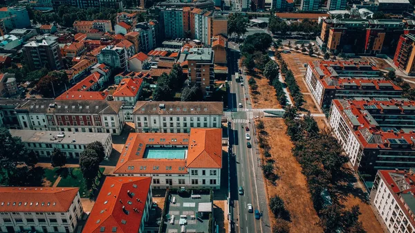 Milan city skyline aerial view. The theatrical performance shot from the Milan cityscape. Aerial footage. Milan drone footage. High quality photo