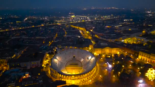 Verona Nočním Vidění Bzučení Arena Verona Aerial View Noční Město — Stock video