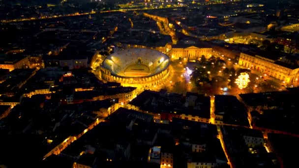 Verona Bei Nacht Von Einer Drohne Aus Gesehen Arena Verona — Stockvideo