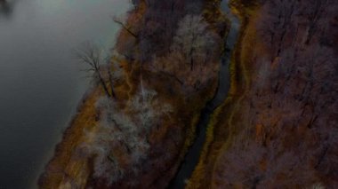 Volga Nehri, Ormanı ve Grushinsky Festivali Çayırı 'nın Havadan Bakış Alanı. Rusya 'nın doğası sonbaharda bir insansız hava aracından görünür. Yüksek kalite 4k görüntü