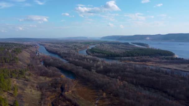 Autumn Overlook Aerial Views Volga River Forest Grushinsky Festival Meadow — Stock Video