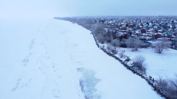Riverbank Winter Drone View Coastline Large Village Planet Winter Concept — Stock Video