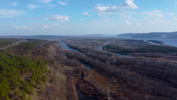 Autumn Overlook Aerial Views Volga River Russian Forest Mountains Warm — Stock Video