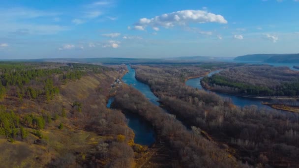 Autumn Overlook Aerial Views Volga River Russian Forest Mountains Warm — Stock Video