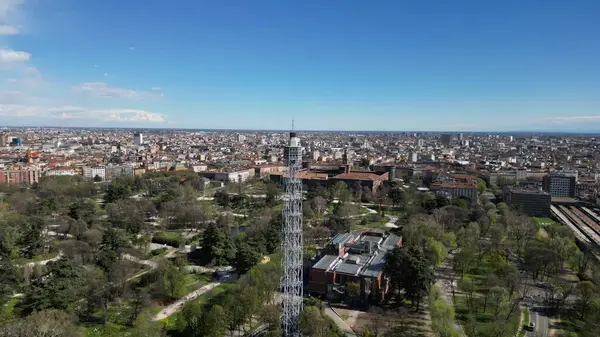 Drone footage of tower Branca, Sempione park in Milan, Lombardy, Italy