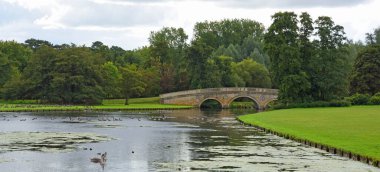 Arka planda ağaçlarla süslü göl ve köprü. 