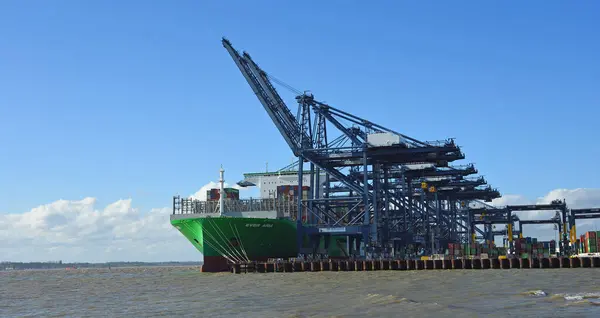 stock image FELIXSTOWE, SUFFOLK, ENGLAND - MARCH 29, 2024:  Large Container Ship Ever Aria at Felixstowe Docks with Cranes.