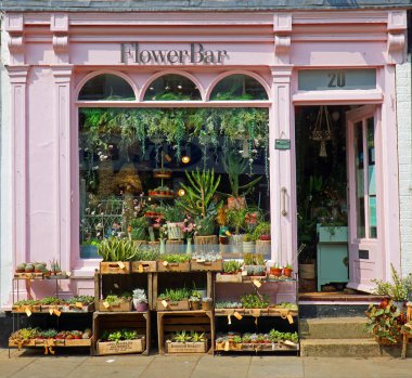 ST IVES, CAMBRIDGESHIRE, ENGLAND - AUGUST 17, 2024: Florist shop front with display of Cacti and succulents  clipart