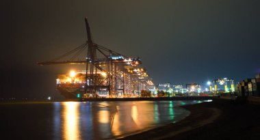 FELIXSTOWE, SUFFOLK, İNGİLTAN - 08 Kasım 2024: Geceleyin gemi ve vinçlerle Felixstowe Konteynır Limanı. 