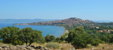 The first view you get  when approaching the popular holiday resort of Molyvos  clipart