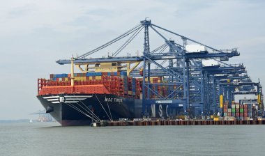 FELIXSTOWE, SUFFOLK, İngiltere - 22 Eylül 2024: Felixstowe Suffolk limanına yüklü büyük konteyner gemisi MSC Türkiye