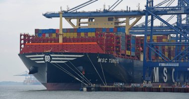 FELIXSTOWE, SUFFOLK, İngiltere - 22 Eylül 2024: Felixstowe Suffolk limanına yüklü büyük konteyner gemisi MSC Türkiye