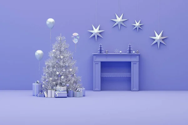 Bellissimo Soggiorno Decorato Con Camino Viola Pastello Confezione Regalo Natale — Foto Stock