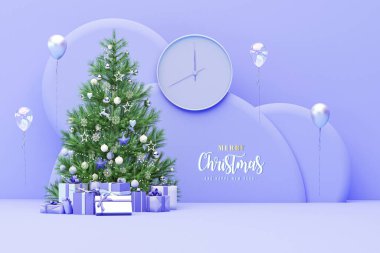  Çam ağacı ve hediye, balonlar, pastel mor arka planda podyumu olan büyük saat. Tatil kış konsepti, poster, pankart, stüdyo için sahne. Mutlu Noeller ve mutlu yıllar 2023. 3 Boyutlu Hazırlama