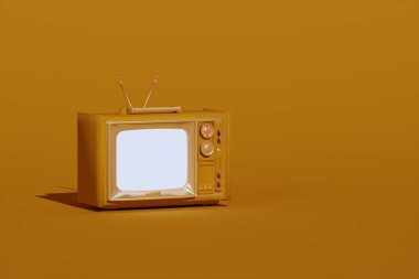 Sarı Vintage Televizyon çizgi film stili, organizasyon arka planında izole edildi. Minimum Retro TV. Kopya alanı olan altın analog televizyon. Antenli eski bir televizyon. 3d resimleme.
