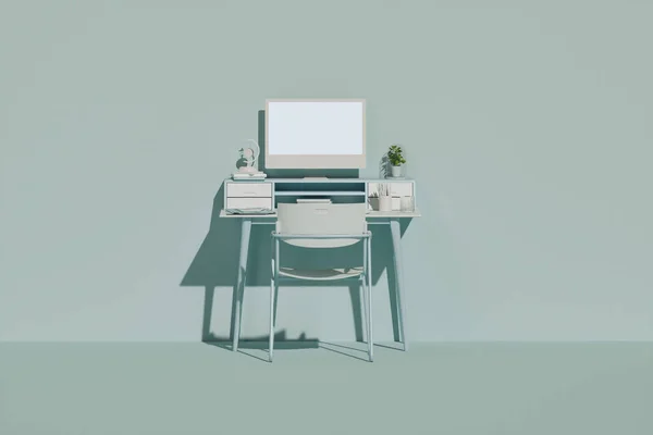 粉刷绿色单色最小的写字台与植物壶 最小的概念学习台和工作空间 待在家里 从家里开始工作 模型模板 3D渲染 — 图库照片