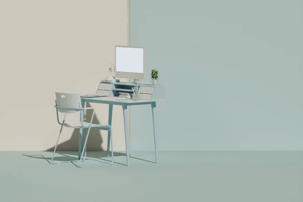 Pastel green monochrome minimal office table desk with plant pot. Minimal idea concept for study desk and workspace. Stay at home and work from home concept. Mockup template, 3d rendering