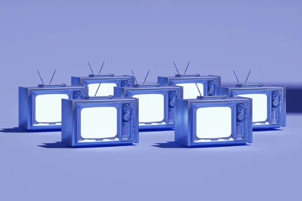 Veel Vintage Televisie Tekenfilm Stijl Isoleren Blauwe Achtergrond Minimale Retro — Stockfoto