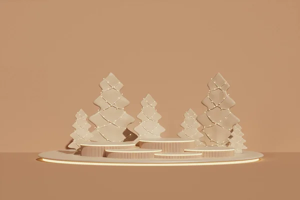 星と松の木 ラウンド表彰台と最小限のシーン サンゴピンク ベージュの形 クリスマス休暇の冬のコンセプトや雑誌 ポスター バナーのために 3Dレンダリング — ストック写真