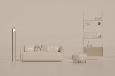 Odanın içi pastel krem, bej ve beyaz renkli mobilya ve oda aksesuarlarıyla dolu. Kopyalama alanı olan ışık arkaplanı. Web sayfası, sunum veya resim çerçevesi arkaplanı için 3B hazırlama.