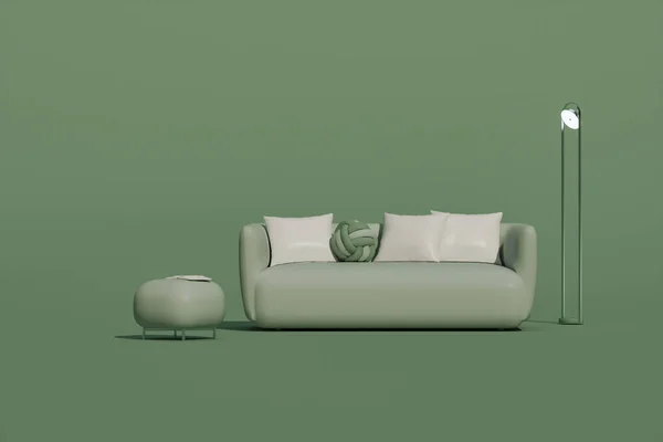 Szoba Belseje Egyszerű Monokróm Pasztell Zöld Színben Bútorokkal Szobai Kiegészítőkkel — Stock Fotó