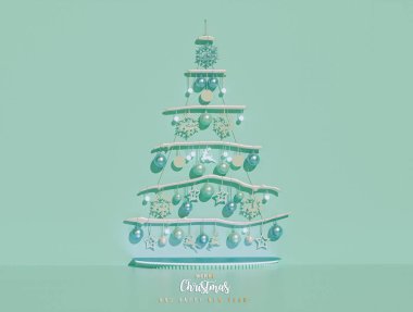 Yeşil ışıklandırmalı ve yeşil arka planda podyumu olan yeşil Noel ağacı 3D görüntüleme, 3D Görüntü