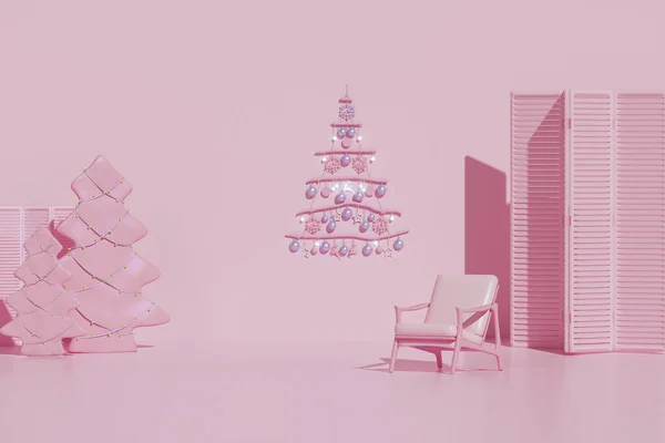 Creative interior design in pink studio with pine tree and armchair. Pastel cream color background. 3D rendering for web page, presentation or picture frame