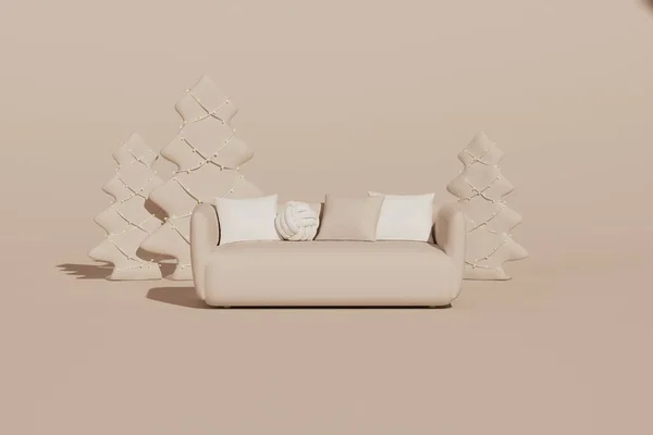 Creative interior design in beige studio with pine tree and armchair. Pastel cream color background. 3D rendering for web page, presentation or picture frame