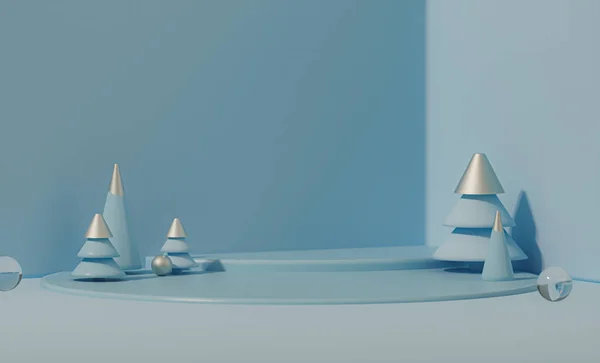 最小的场景与松树 球和讲台 面团蓝色的形状 圣诞节假期的概念和杂志 3D渲染 — 图库照片