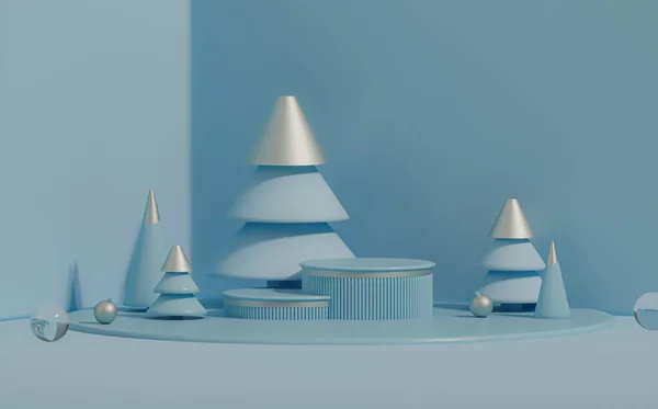 最小的场景与松树 球和讲台 面团蓝色的形状 圣诞节假期的概念和杂志 3D渲染 — 图库照片